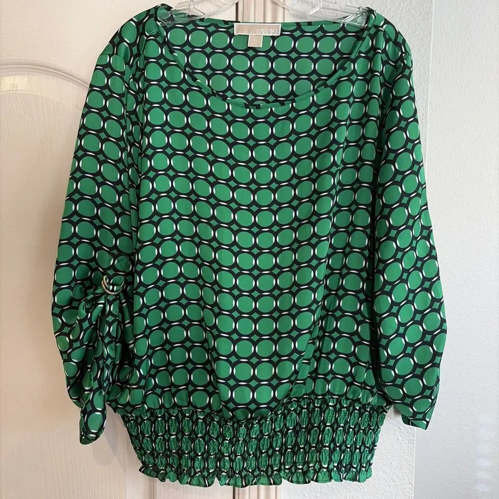 Michael Kors Womens XL Green Geometric Print Blouse Smocked Waist Long Sleeve